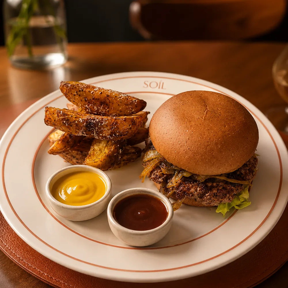 Beef Burger + Baked Wedges